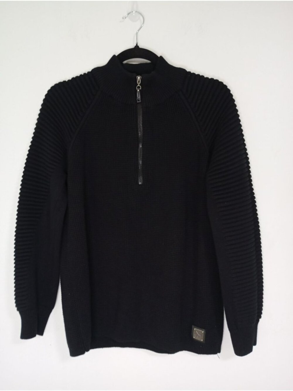 Xray Mens Black Ribbed Knit Half-Zip Pullover Sweater Medium Cotton Acrylic Blen